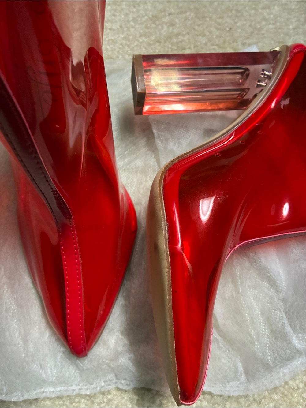 Fashion Nova Red Transparent Pointed-Toe Ankle Boots with Clear Block Heel - Picture 7 of 7
